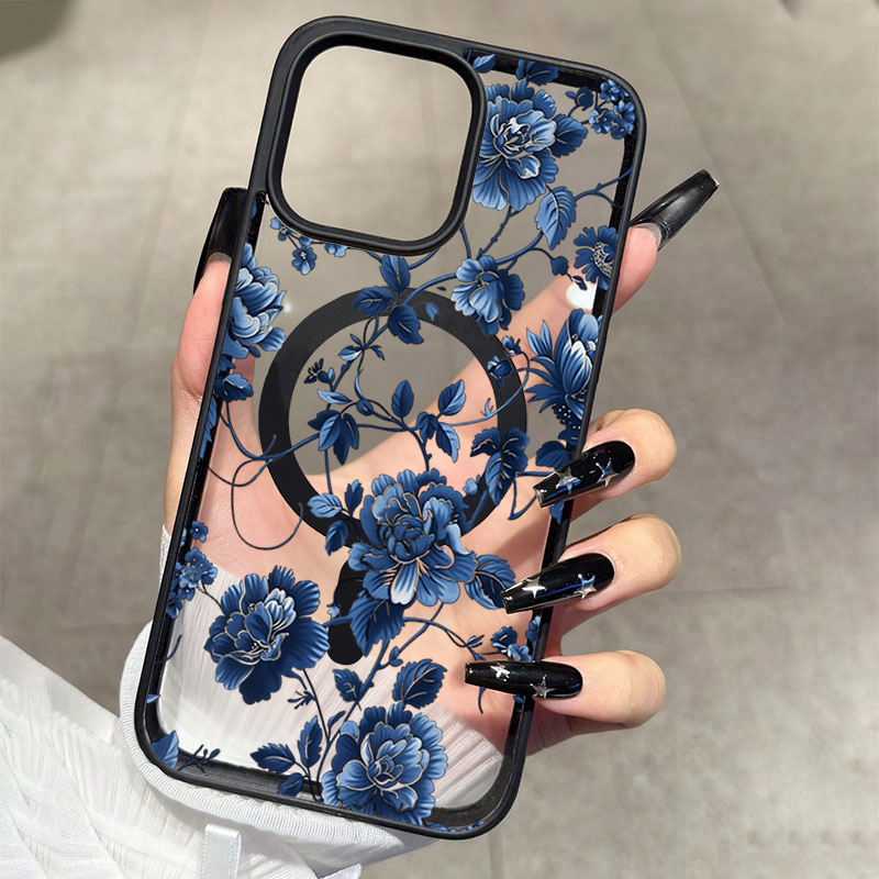 Phone Cases Iphone 16 - Lüks Vintage Mavi Çiçek Desenli Manyetik