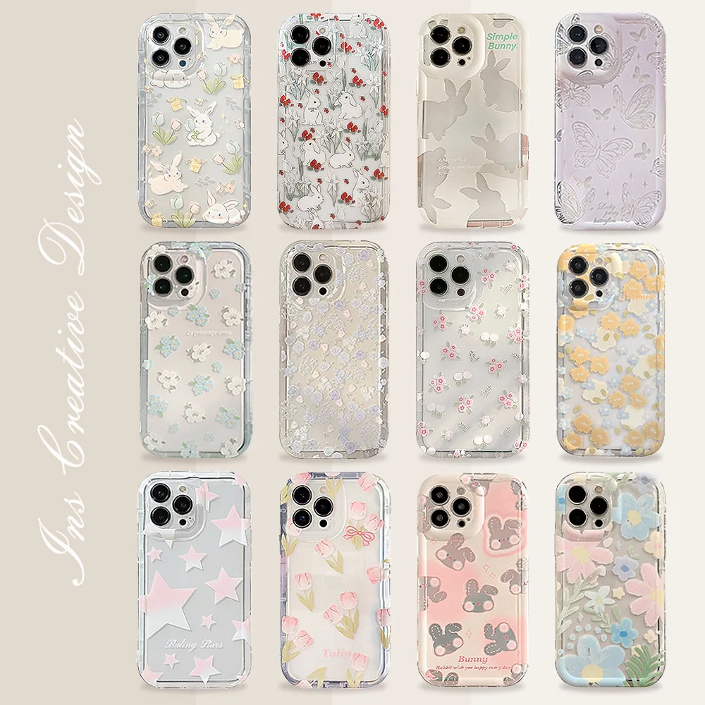 Phone Cases Cute Iphone 13 - Sevimli Karikatür Tavşan Çiçek Şeffaf Serisi
