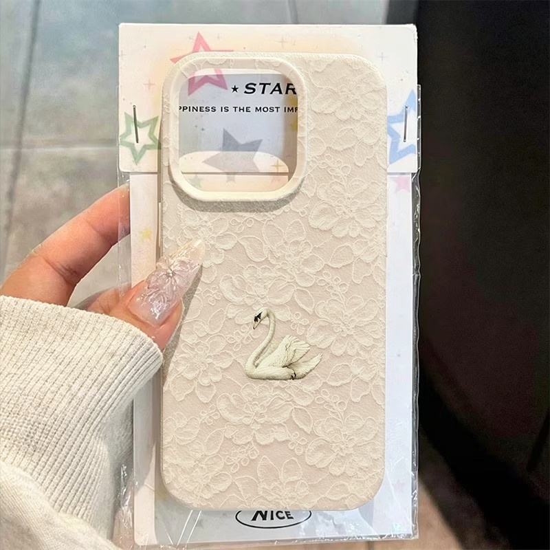 Phone Cases Iphone 16 - Dantel Kuğu Desenli Lychee Dokulu Telefon